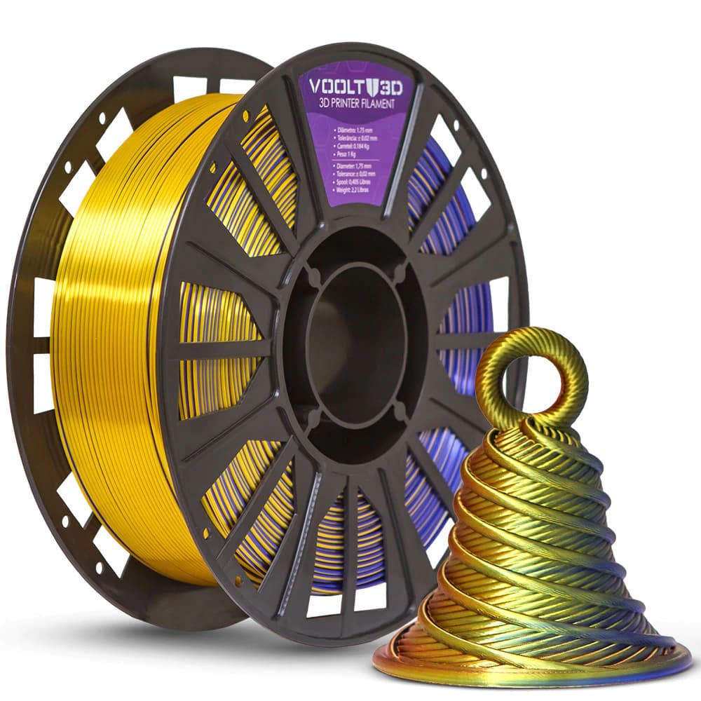Filamento PLA Tri Color Dourado / Azul / Ametista V-Silk High Speed Premium - 1Kg